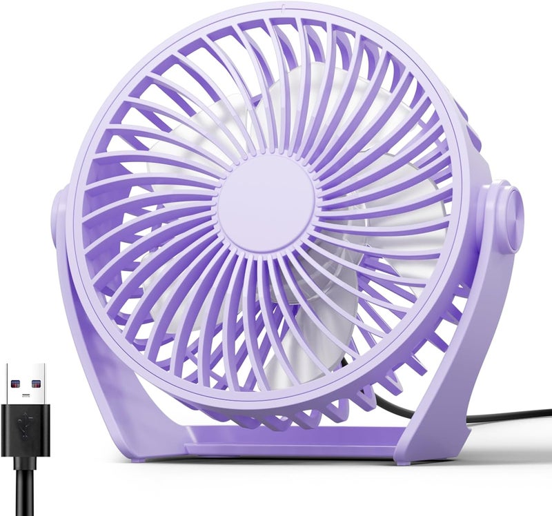 Edvision USB Desk Fan, 5 Inch Small Portable, 3 Speeds Powerful Wind Mini Personal Desktop Fan 360° Rotation Adjustable, Plug In USB Fan Quiet for Table Home Office Travel Car(Purple) - Image 1